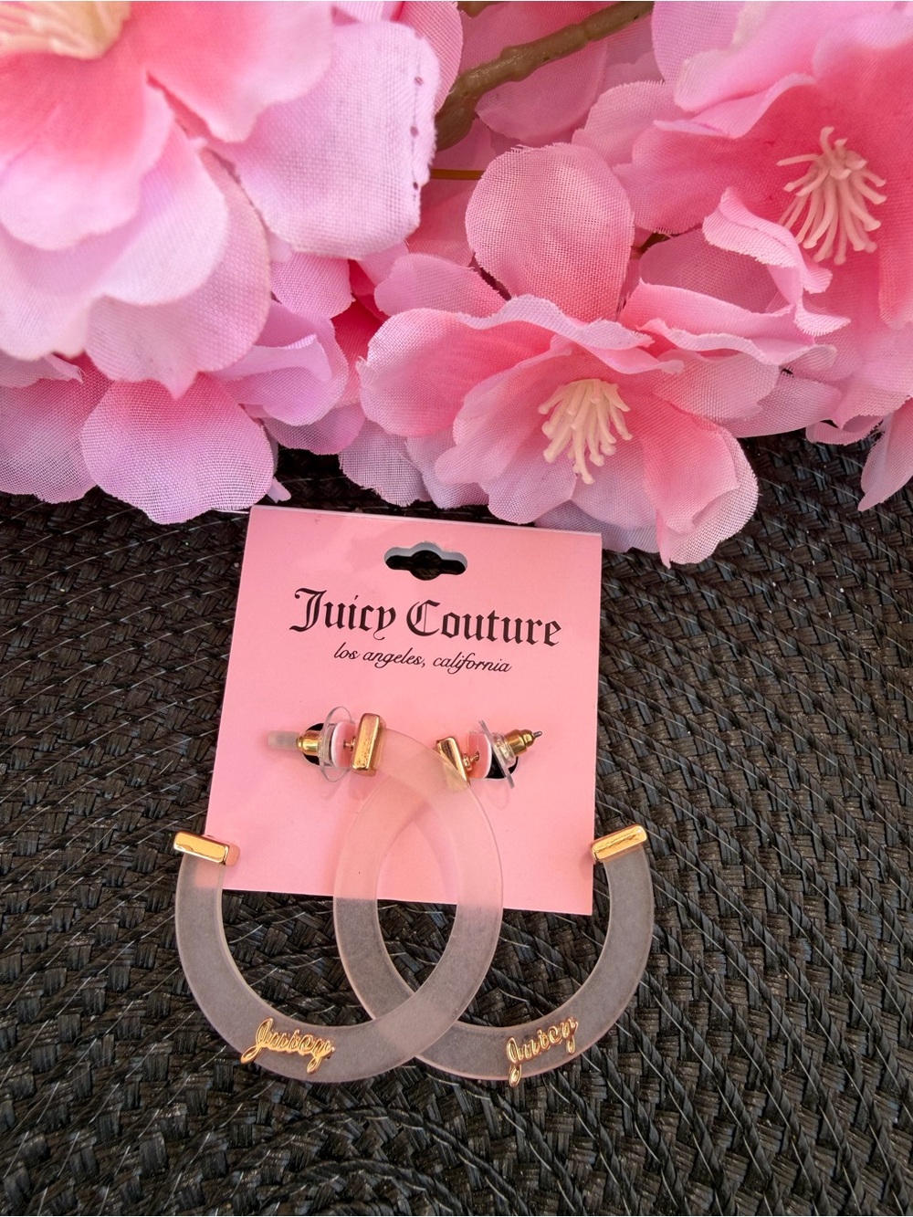 Juicy Couture Frosted Pink Hoop Earrings with Gold Script